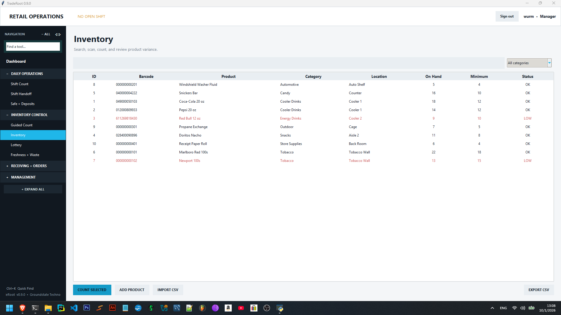 TradeRoot desktop inventory screen with product quantities, stock alerts and store operations navigation